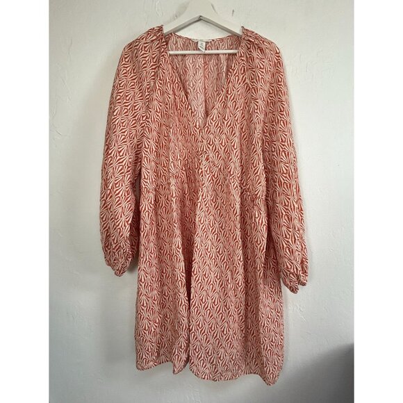 H&M Womens Orange White Deep V-Neck Tunic A-Line Dress XL Balloon Sleeves Boho - Picture 1 of 8
